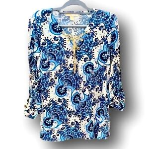 Michael Michael Kors Blue and White Paisley Blouse with gold look hardwa…